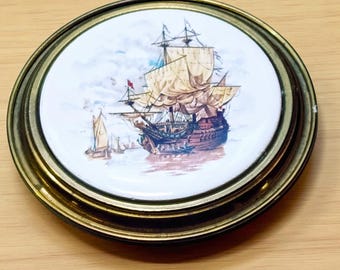 British Old Time Sailing Ship Wall Plate Coaster Porcelain & Brass Hand Painted Mid Century