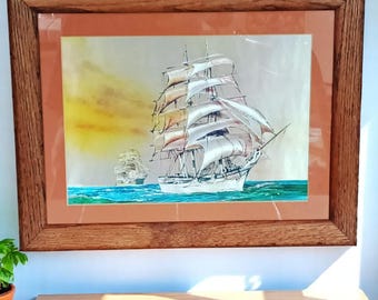 Vintage Dufex Foil Print: Old English Sailing Ship, Solid Wood