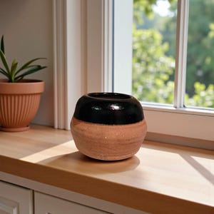 May include: A small, round ceramic pot with a two-tone design. The top half is glossy black, and the bottom half is a natural terracotta color. The pot sits on a wooden surface near a window.