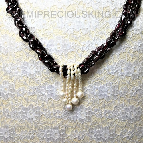 Natural Garnet & Fresh Water Pearl Multi-Gemstone Handmade shops Beaded Necklace Personalize Gift