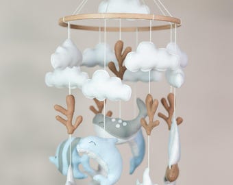 Baby Mobile  Gender Neutral Nautical Baby Crib Mobile Nautical Mobile Ocean Space Baby Mobile Boy Grey Whale Mobile for Nursery
