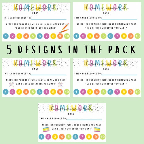 Colourful Homework Pass Punch Card, Coupon for Rewards, Kid Reward Card ...