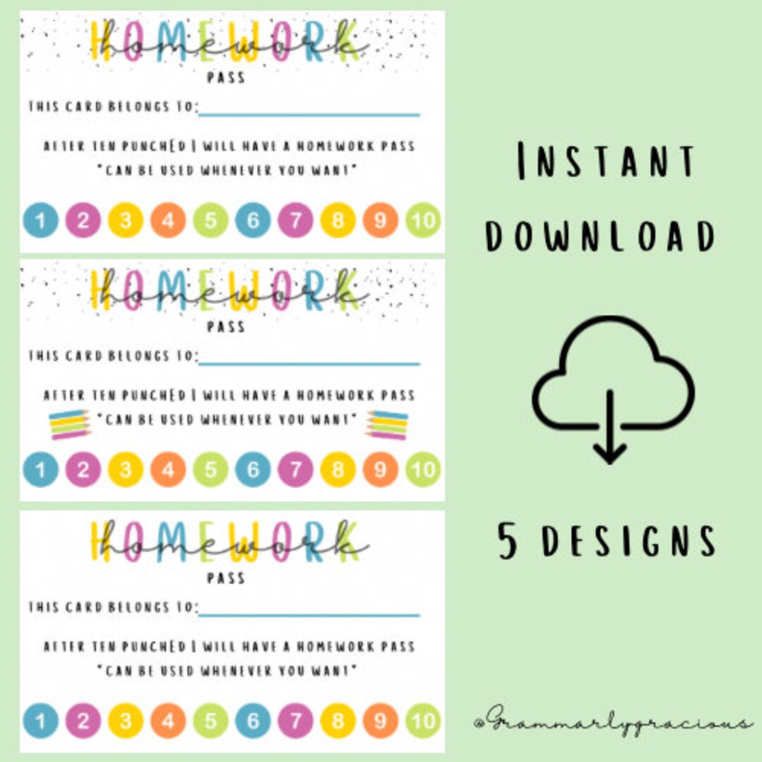 Colourful Homework Pass Punch Card, Coupon for Rewards, Kid Reward Card ...