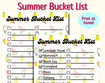 May include: Printable summer bucket list with a white background and a colorful pattern of pineapples, watermelons, flamingos, and toucans. The list includes activities like lemonade stand, waterpark, beach day, Disneyland, picnic, camping, pool with friends, and fireworks.