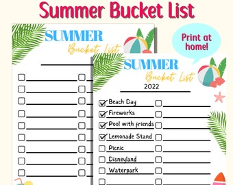 May include: Printable summer bucket list with checkboxes and space to write in your own activities. The list includes activities like beach day, fireworks, pool with friends, lemonade stand, picnic, Disneyland, and waterpark. The design features palm leaves, a beach ball, a surfboard, and other summer-themed illustrations.