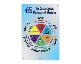 6S to Success, Bilingual Spanish and English, Aluminum Sign, Plaque, Workplace Decor Indoor Outdoor