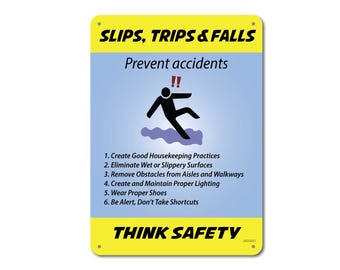 Slip Trip and Fall Safety, Quality Plastic Wall Poster, Plaque, Workplace Decor Indoor Outdoor, Vibrant Color