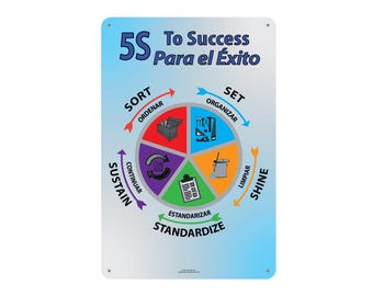 5S to Success, Bilingual Spanish and English, Aluminum Sign, Plaque, Workplace Decor Indoor Outdoor