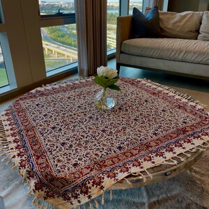 Hand-Painted Vintage Cotton Tablecloth: Floral Block Print Boho Table Topper image 9