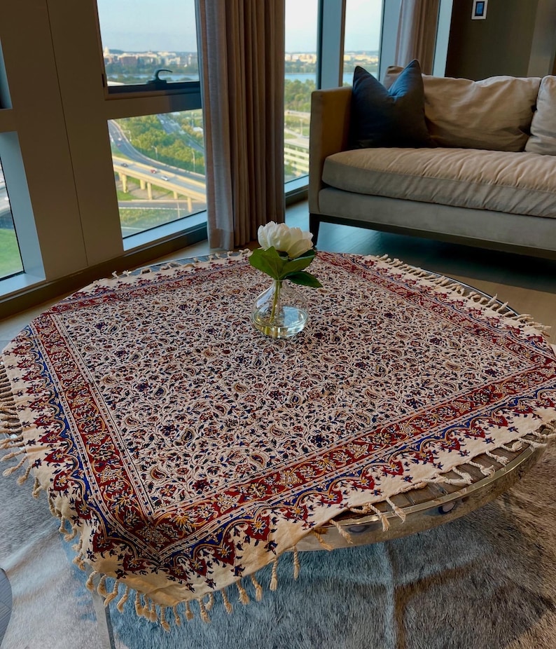 Hand-Painted Vintage Cotton Tablecloth: Floral Block Print Boho Table Topper image 9