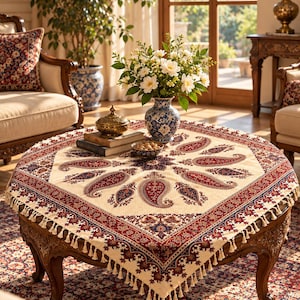 May include: A square tablecloth featuring a cream-colored center with a radial pattern of red and blue paisley motifs. The border displays intricate red, blue, and cream floral designs, finished with a fringe of small tassels along the edges.