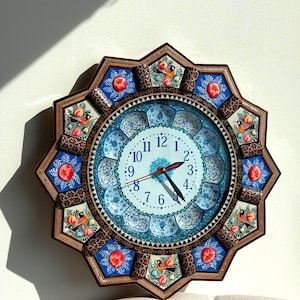 Handmade Khatamkari Wall Clock, Persian Marquetry Art, Hand Painted Bird Floral Clock