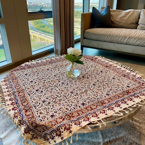 Hand-Painted Vintage Cotton Tablecloth: Floral Block Print Boho Table Topper