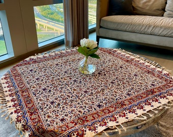 Hand Painted Vintage Tablecloth – Square Table Cloth, Boho Cotton Tablecloth, Floral Block Print, Quilted Boho Table Topper
