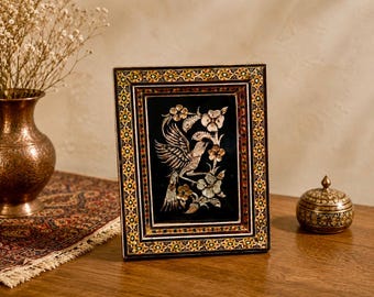 Persian Khatam Marquetry Wall Art, Handmade Copper Inlay Bird Decor (5.5x7 in)