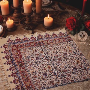 Hand-Painted Vintage Cotton Tablecloth: Floral Block Print Boho Table Topper image 2