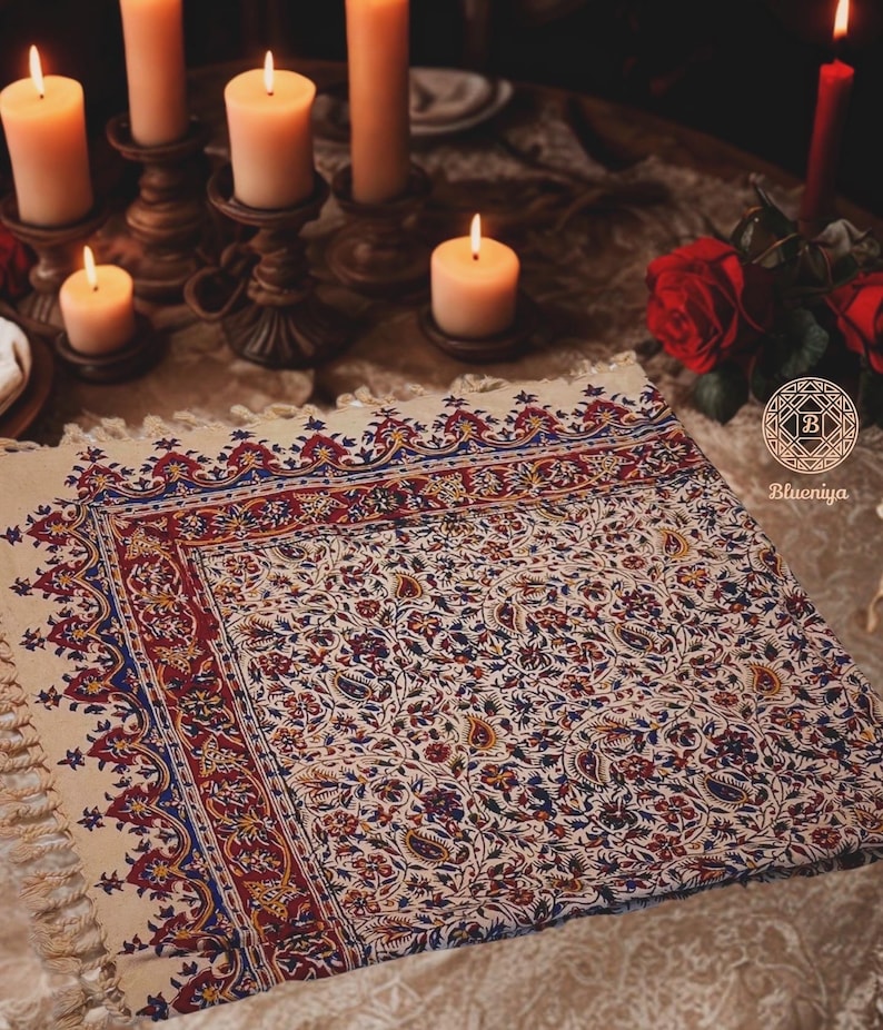 Hand-Painted Vintage Cotton Tablecloth: Floral Block Print Boho Table Topper image 2