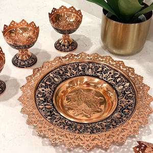 Hand Engraved Copper Serving Tray – Siah Ghalam Fruit & Sweets Stand – luxury Decorative Pedestal Copper Tray