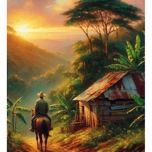Puerto Rican Sunrise "A Caballo Temprano Rumbo Pal' Cafetal" Giclee Art Print