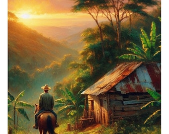 Puerto Rican Sunrise "A Caballo Temprano Rumbo Pal' Cafetal" Giclee Art Print
