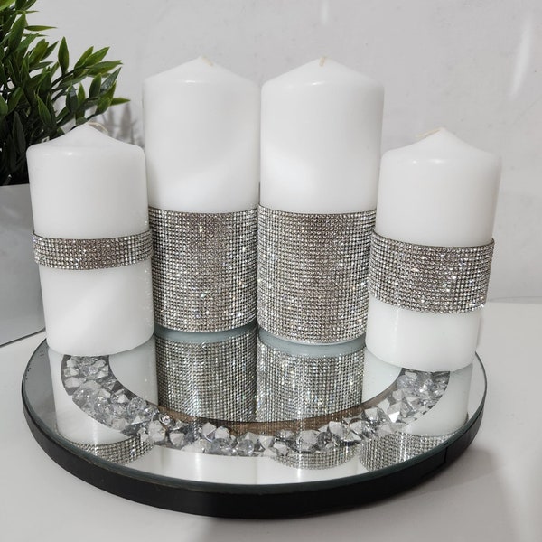 4x Luxury Bling candle Set,Pillar candle, Diamante bling Large Pillar Candle setof 4,silver grey Bling cover candle,Christmas candle