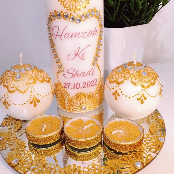 Personalised henna Candles,wedding candles,diwali  candle,eid candles,Decortion candle Gift set,personalised henna frame,Round Boll Candles