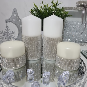 4x Luxury Bling candle Set,Pillar candle, Diamante bling Large Pillar Candle setof 4,silver grey Bling cover candle,Christmas candle