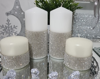4x Luxury Bling candle Set,Pillar candle, Diamante bling Large Pillar Candle setof 4,silver grey Bling cover candle,Christmas candle