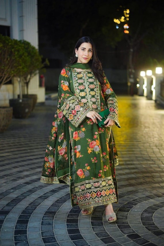 Luxury Collection Green Shamoz Silk Shalwar Kameez, Floral Embroidery, Pakistani Indian Suit