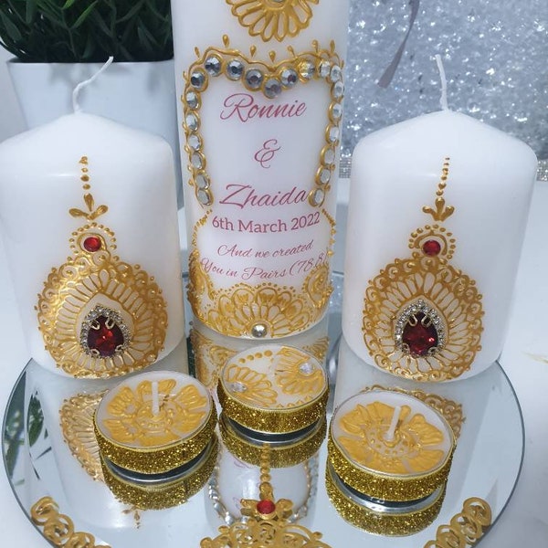 Bougies au henné personnalisées,bougies de mariage,bougie diwali,bougies de l'Aïd,coffret cadeau bougies décoratives,cadreau henné personnalisé,toile au henné,Mahndi