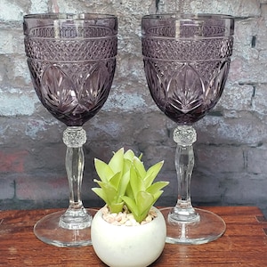 Cristal D&#39;Arques-Durand Amethyst Purple Goblets Clear Stem Wine Glasses