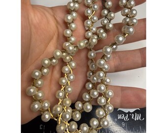 Vintage Double Strand Faux Pearl Gold Tone Chevron Chain Necklace 16 Inch