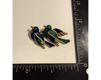Vintage Gold Ton blau grün Emaille Doppel Vogel Brosche Natur Schmuck