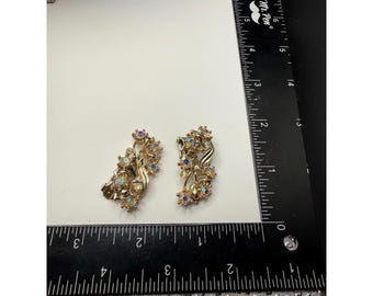 ヴィンテージ ゴールドトーン オーロラ ラインストーン フローラル スプレー クリップオン イヤリング