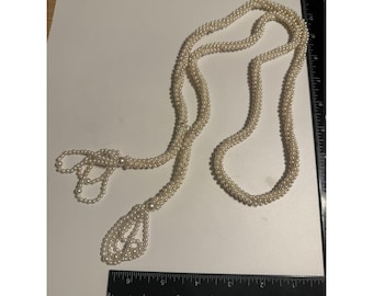 Vintage Faux Pearl Lariat Necklace Long Rope Multi Strand Cream Tassel 42 Inch