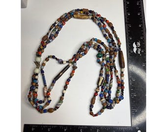 Mixed Media Glass Trade Bead Multi-Strand Necklace Wood Organic Brass Clasp