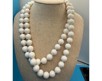 Vintage White Bead Necklace Double Strand Hand Knotted 30 Inch 10mm