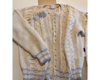 The Eagles Eye Hand Knit Cardigan Sweater Cream Blue Cable Pearl Button Large