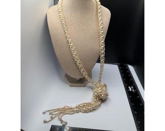Vintage Cream Faux Pearl Lariat Necklace Woven Braided Tassel Knot Long 32 Inch