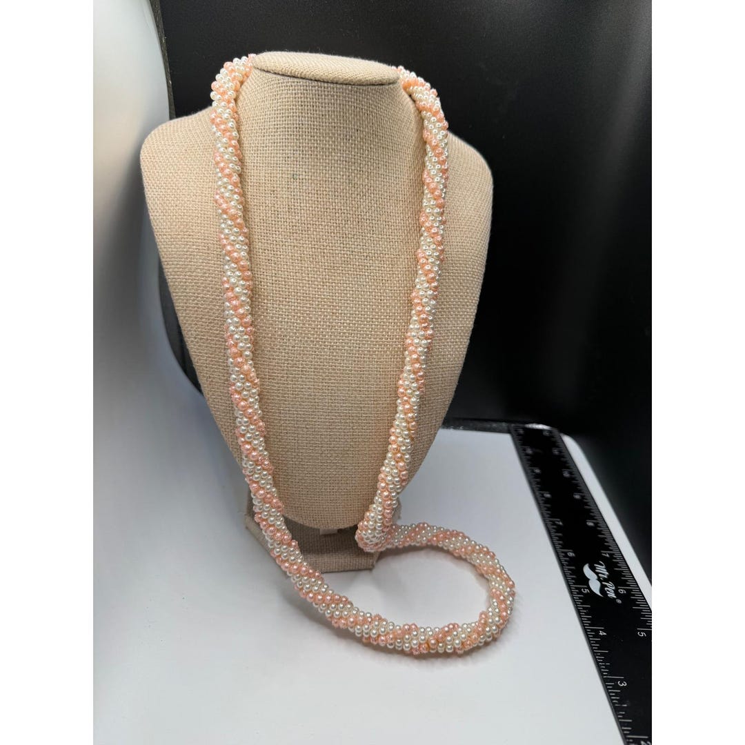 Vintage Pink and White Faux Pearl Twisted Rope Necklace Long Spiral ...