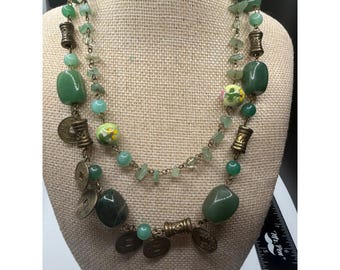Green Aventurine Stone Chinese Coin Charm Double Strand Necklace Floral Ceramic