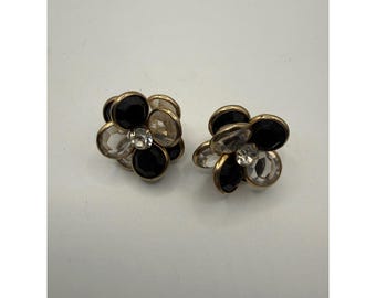 Brincos de pressão vintage em tom dourado com flor de cristal preto transparente, 2,5 cm (1 polegada).