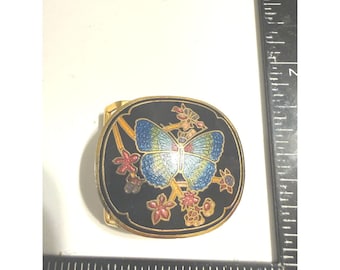 Vintage Cloisoinne vlinderriemgesp email bloemen goudkleurig ovaal zwart blauw