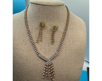 Vintage Rhinestone Necklace Earring Set Gold Tone Crystal Fringe Wedding Prom