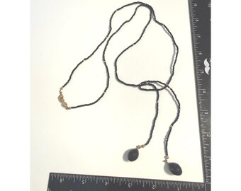 Napier Black Seed Bead Lariat Necklace Gold Tone Faceted Teardrop Pendants 36 In