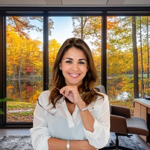 May include: A woman with long brown hair smiles while sitting in a home office with a large window overlooking a lake and fall foliage. The office has a wooden desk with a computer monitor and a bookshelf.