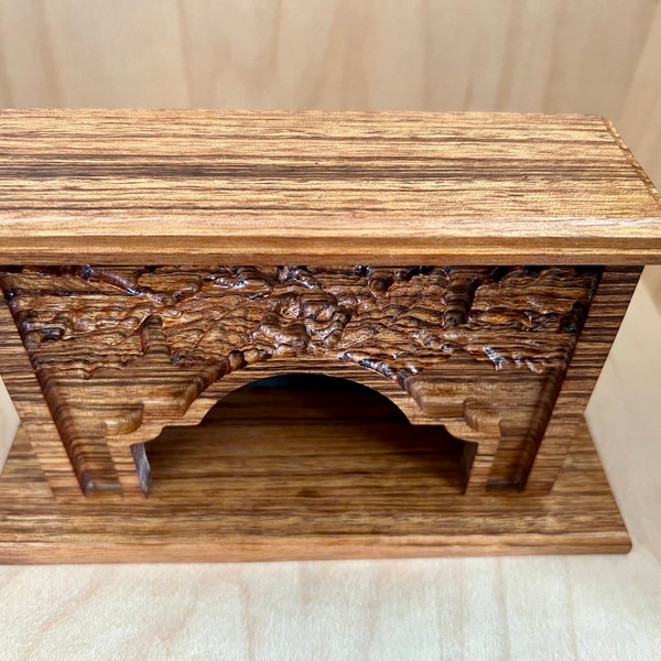 Miniature Wood Fireplace (Flat Mantel )  with Acorn and Leaf Carving Made of Tiger wood - 1:12 Scale