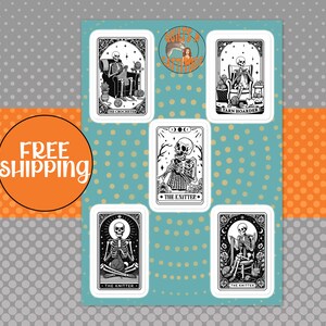 Tejido, crochet, juego de 5 pegatinas de vinilo para manualidades con hilo, decoración para la sala de manualidades, divertida carta del tarot con esqueleto, regalo para tejedores, crocheteros y amantes del hilo