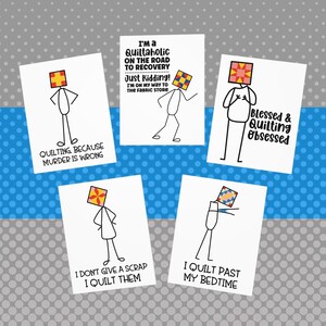 Quilter&#39;s 5 Card Variety Pack. Patchwork Block Head Greeting Cards with Envelopes. Blank inside. 5 Designs. Gift for Quilters and Crafters