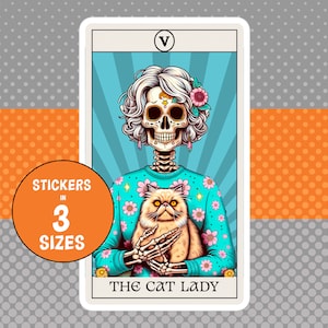 Pegatina de tarot de gato, carta de tarot THE CAT LADY, mamá gato, pegatina de tarot esqueleto, pegatina de gato divertido, regalo para amantes de los gatos